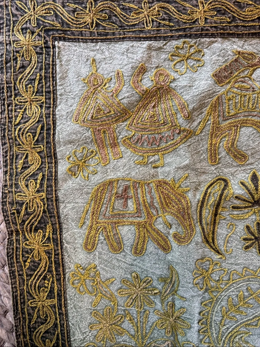 Embroidered Wall Hanging Tapestry in Gold and Teal